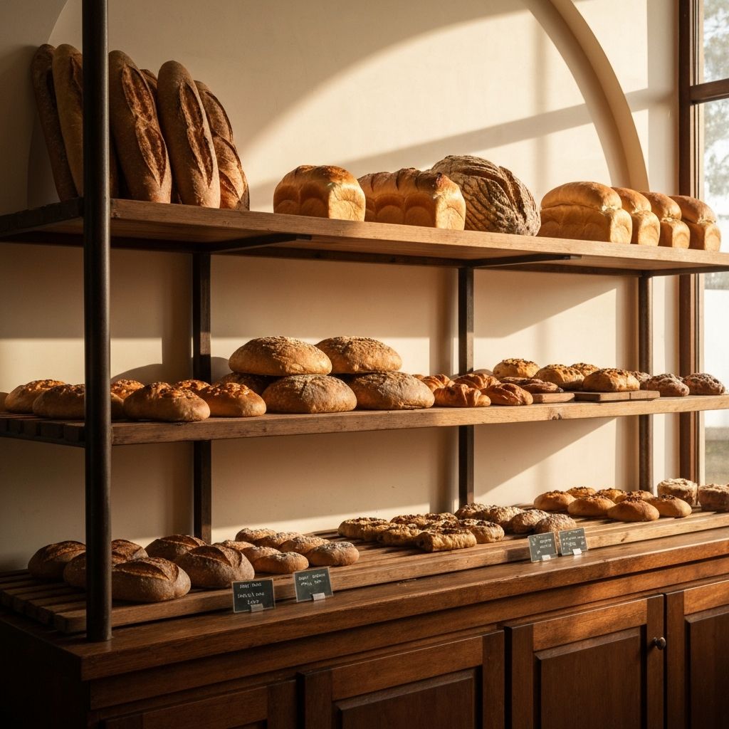 Warm bakery interior with fresh loaves and pastries on rustic shelves